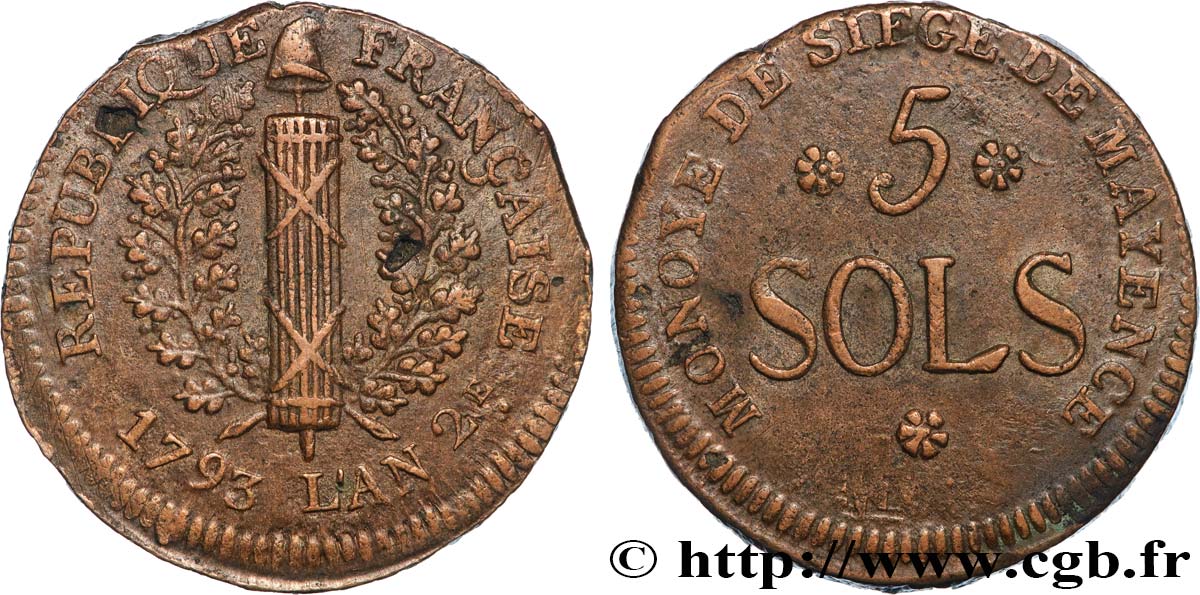 SIÈGE DE MAYENCE 5 sols 1793 Mayence TTB+