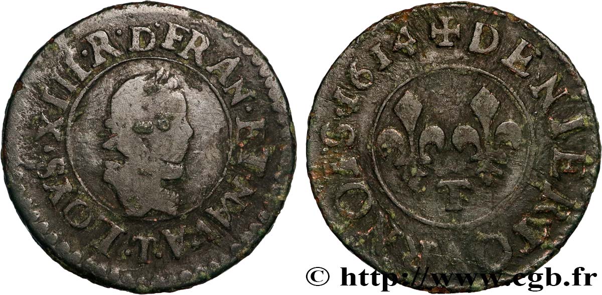 LOUIS XIII LE JUSTE Denier tournois, type 1 de Nantes 1614 Nantes B+/TB