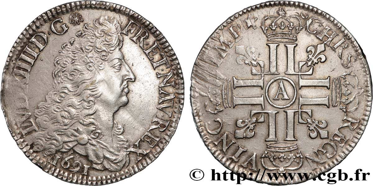 LOUIS XIV  THE SUN KING  Écu aux huit L, 1er type 1691 Paris AU