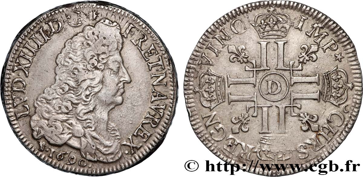 LOUIS XIV LE GRAND OU LE ROI SOLEIL Écu aux huit L, 1er type 1690 Lyon TTB/TTB+