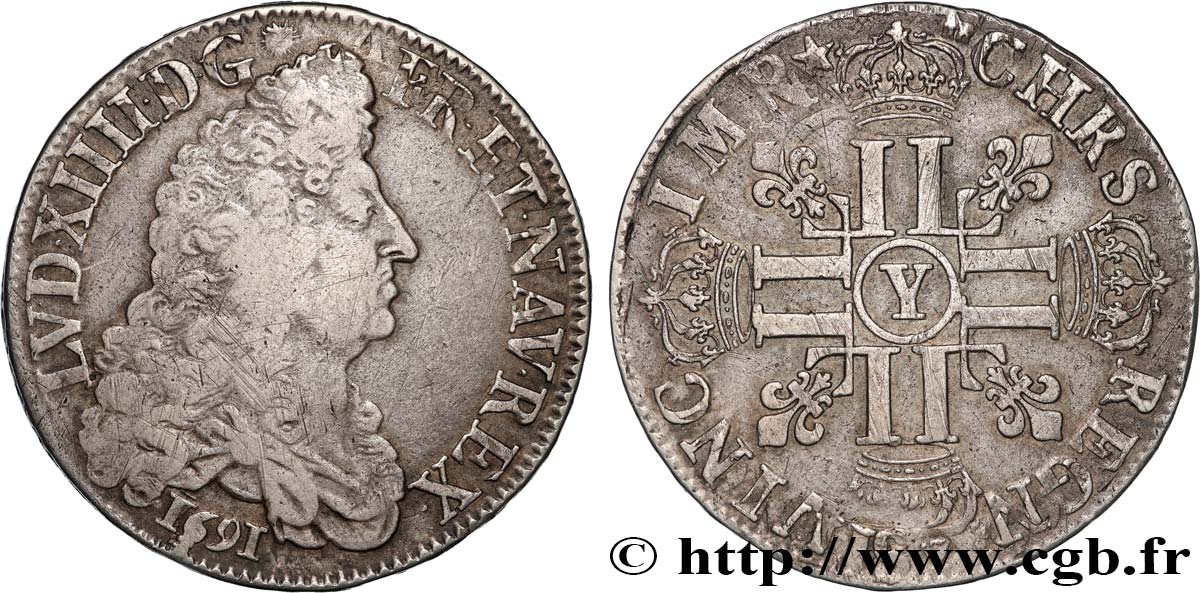 LOUIS XIV LE GRAND OU LE ROI SOLEIL Écu aux huit L, 1er type 1691 Bourges TB+