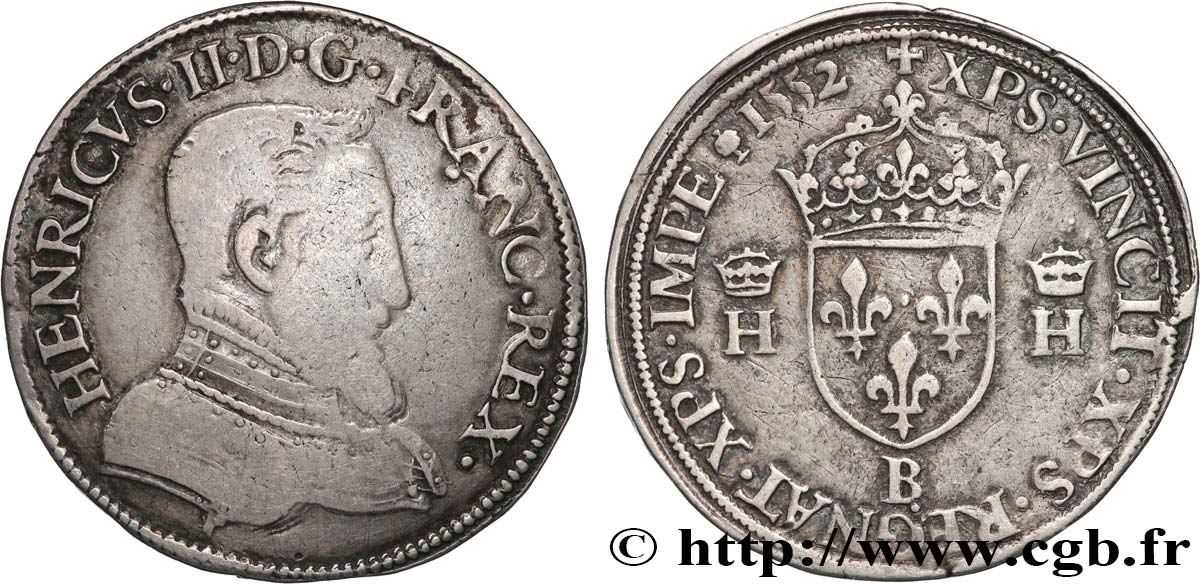 HENRY II Teston à la tête nue, 1er type 1552 Rouen VF/XF