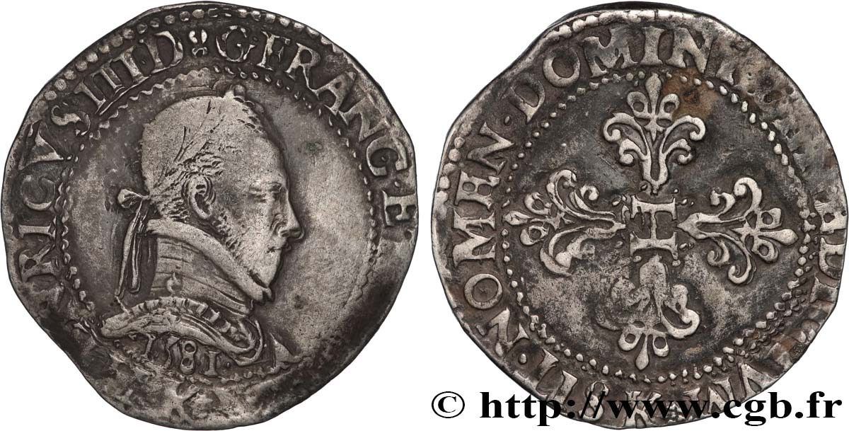 HENRY III Franc au col plat 1581 Bordeaux XF