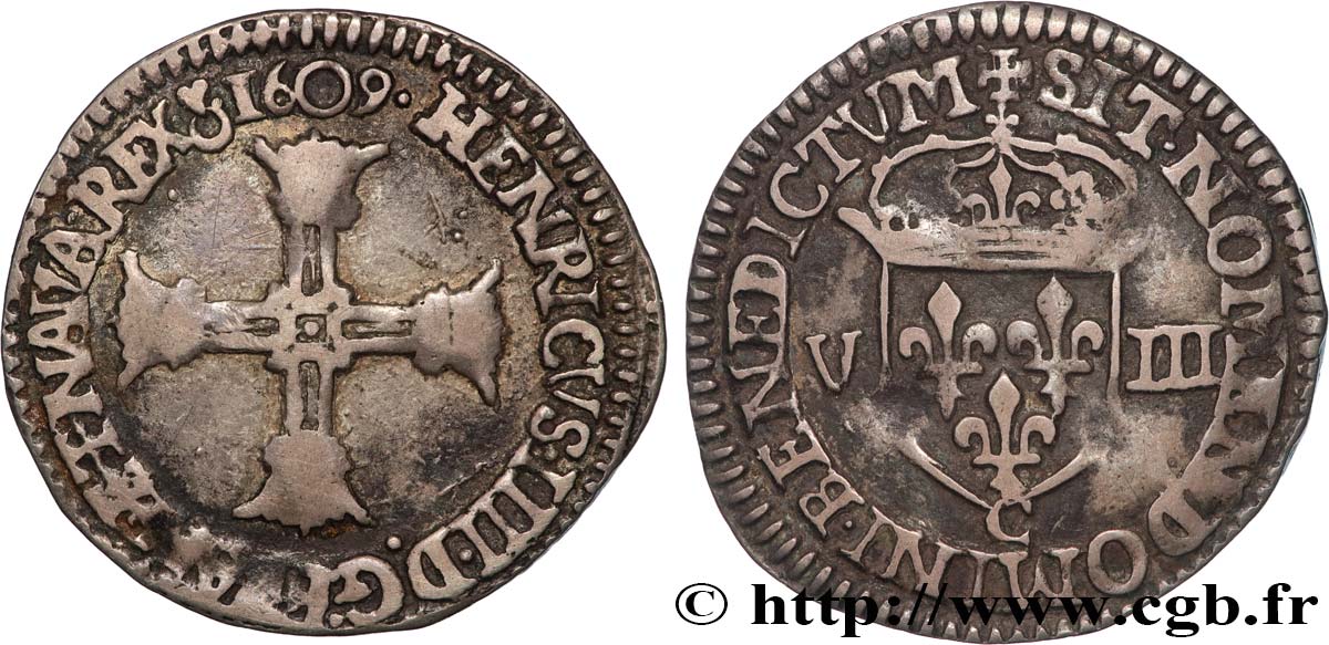 HENRY IV Huitième d écu, croix batonnée et couronnée de face 1609 Saint-Lô VF/XF