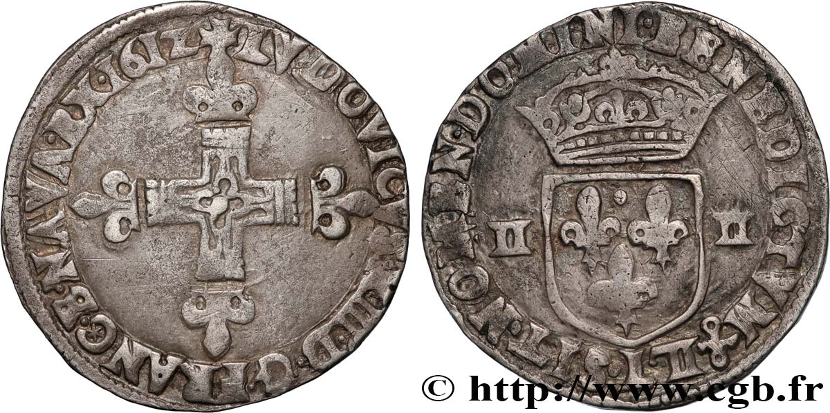 LOUIS XIII  Quart d écu, à la croix fleurdelisée, titulature côté croix 1612 Bayonne VF