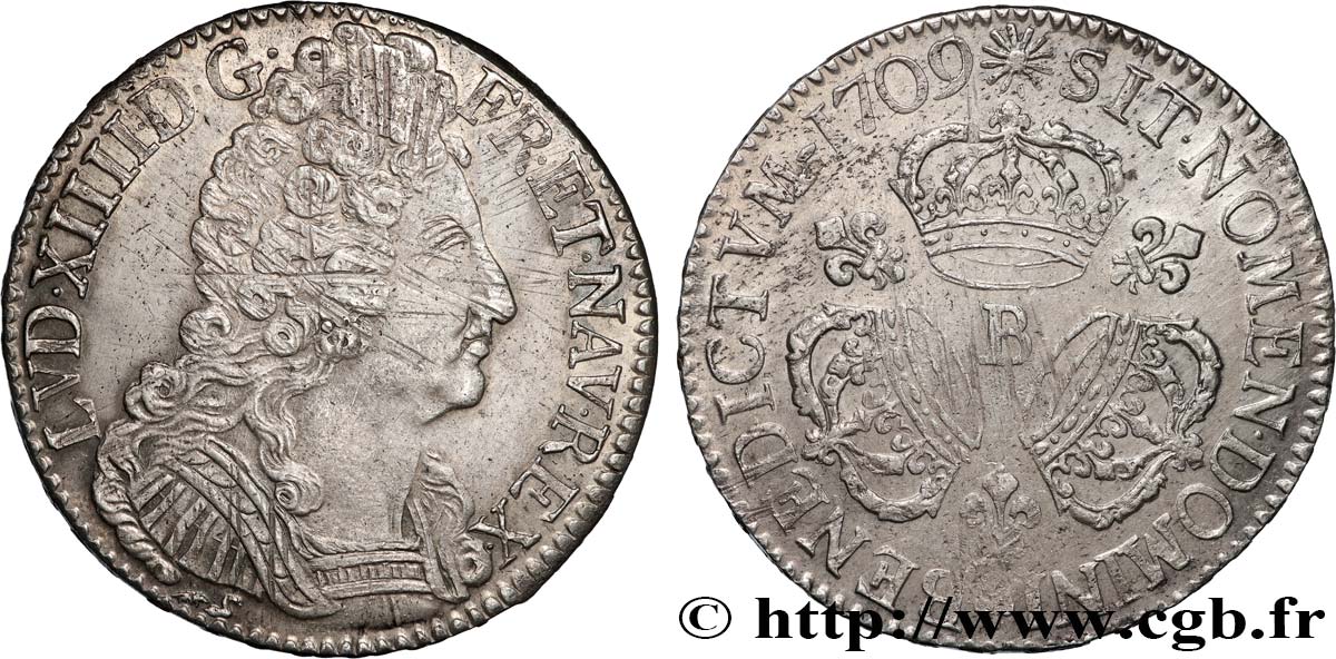 LOUIS XIV  THE SUN KING  Écu aux trois couronnes 1709 Rouen XF