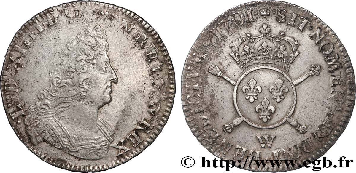 LOUIS XIV  THE SUN KING  Demi-écu aux insignes 1701 Lille XF/AU