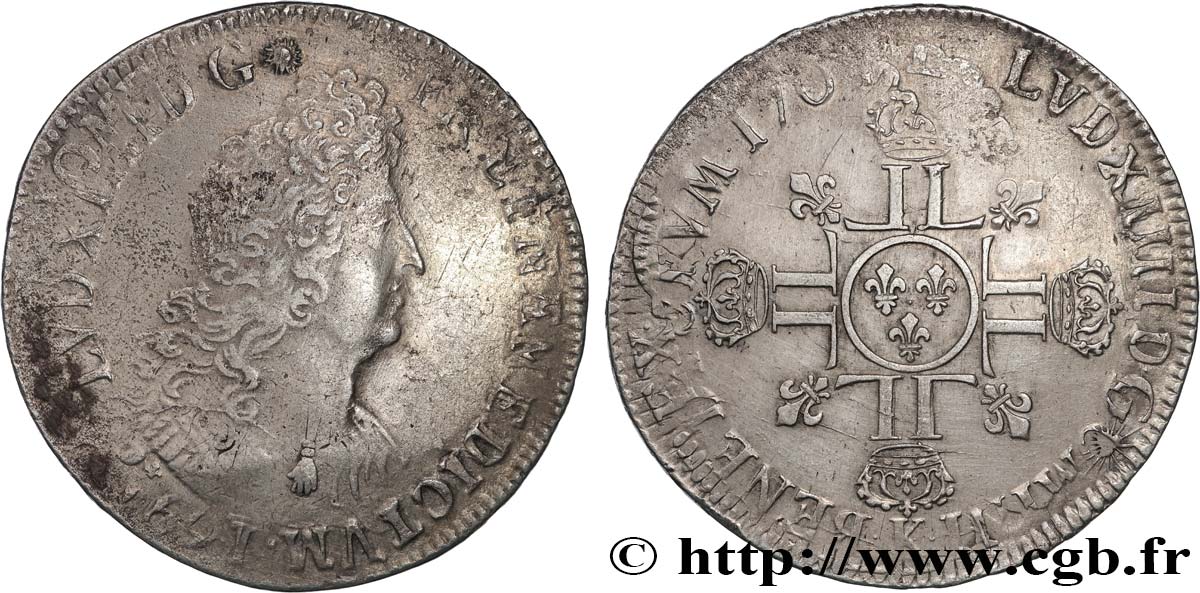 LOUIS XIV  THE SUN KING  Écu aux huit L, 2e type 1704 Bordeaux VF/XF