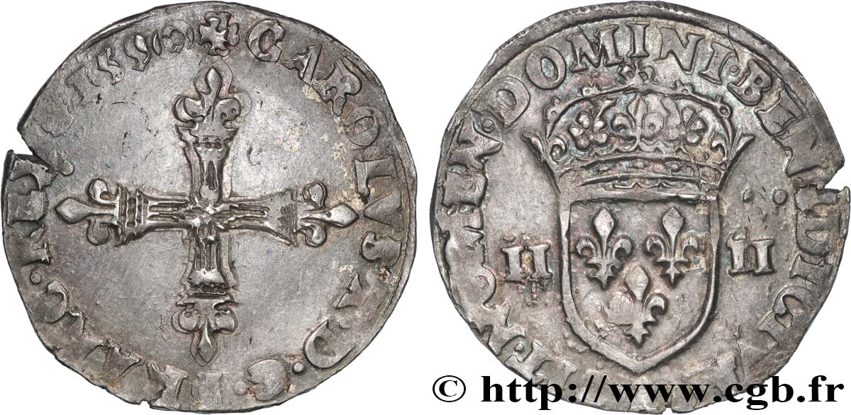 CHARLES X, CARDINAL OF BOURBON Quart d écu, croix de face 1590 Paris VF