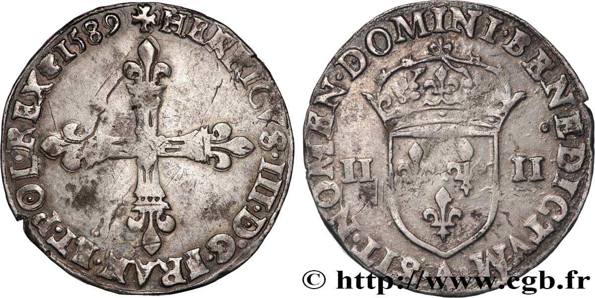 HENRI III Quart d écu, croix de face 1589 Paris TB+