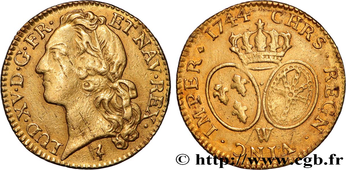 LOUIS XV THE BELOVED Louis d’or aux écus ovales, tête ceinte d’un bandeau 1744 Lille VF