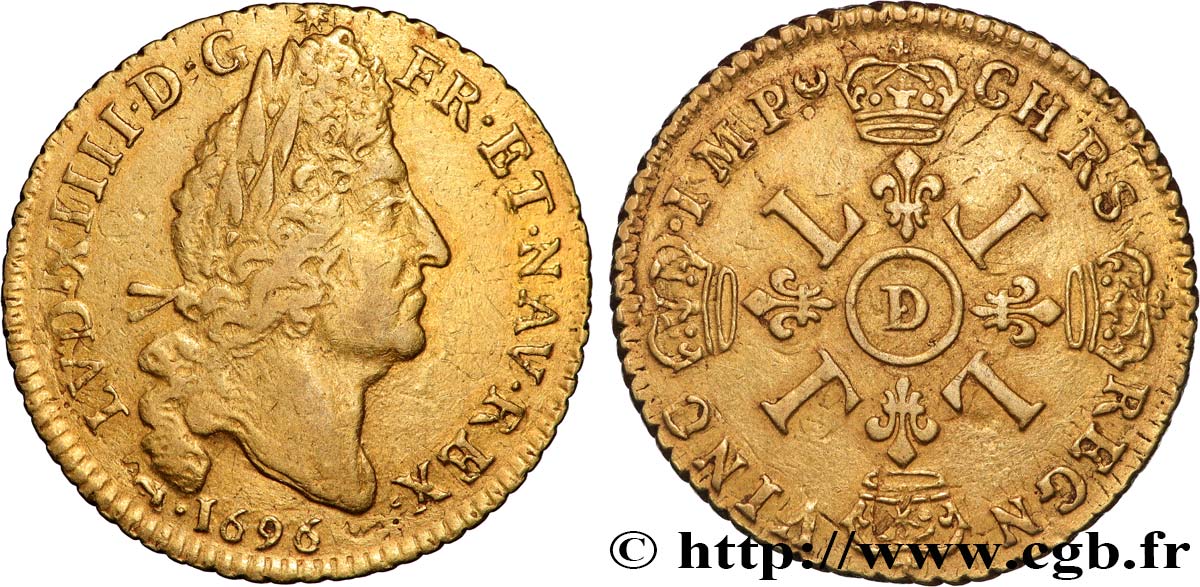 LOUIS XIV  THE SUN KING  Louis d or aux quatre L 1696 Lyon XF