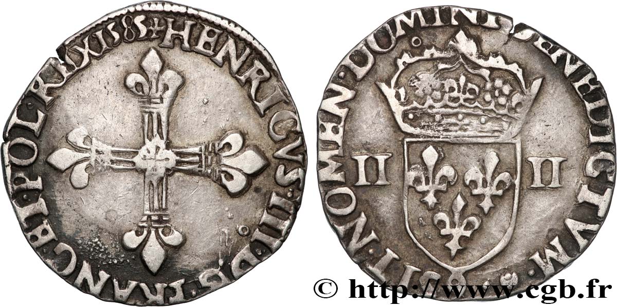 HENRY III Quart d écu, croix de face 1585 Rennes VF/XF