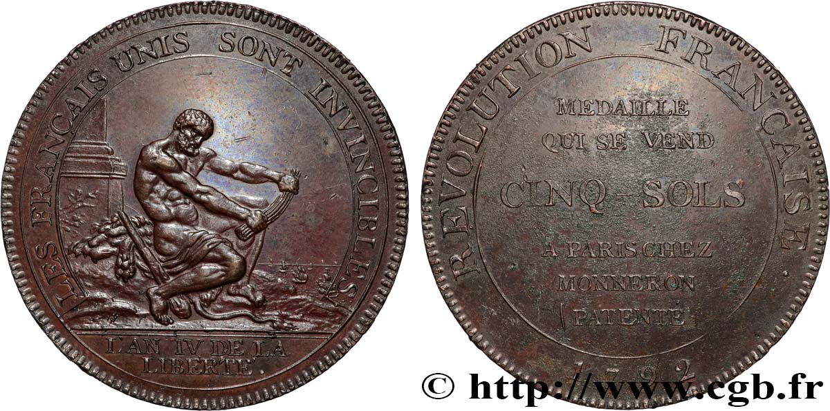 REVOLUTION COINAGE / CONFIANCE (MONNAIES DE…) Monneron de 5 sols à l Hercule 1792  AU/AU