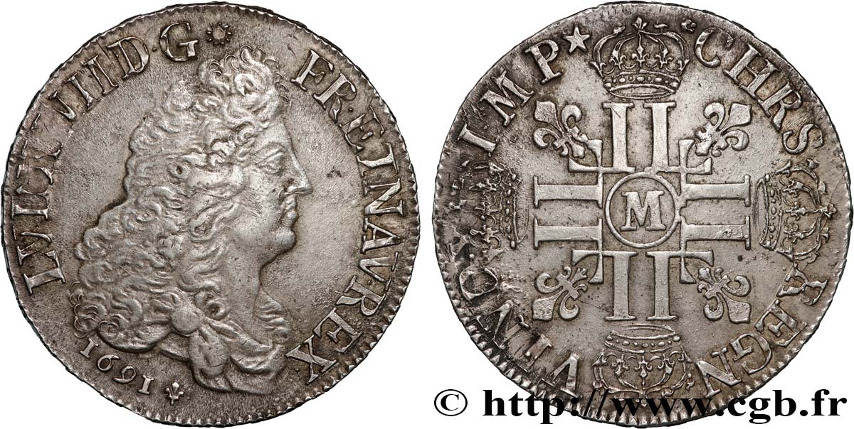 LOUIS XIV  THE SUN KING  Écu aux huit L, 1er type 1691 Toulouse AU/AU