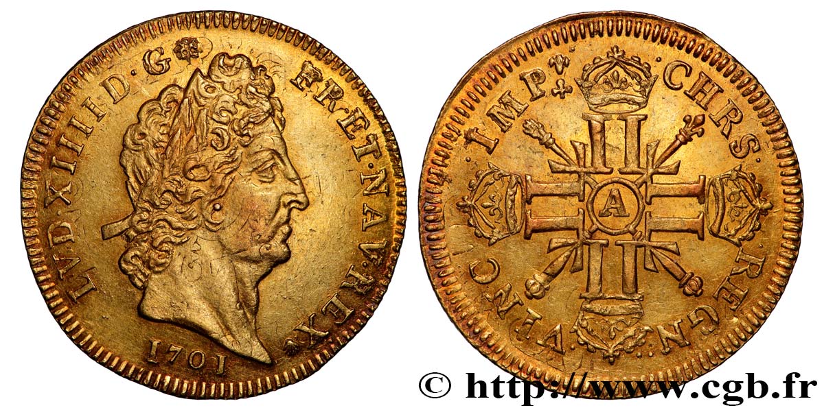 LOUIS XIV  THE SUN KING  Louis d’or aux huit L et aux insignes 1701  Paris SPL