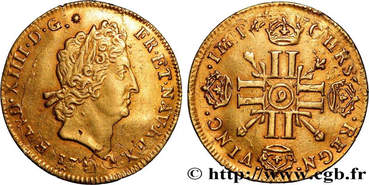 LOUIS XIV  THE SUN KING  Louis d’or aux huit L et aux insignes 1701 Rennes fVZ