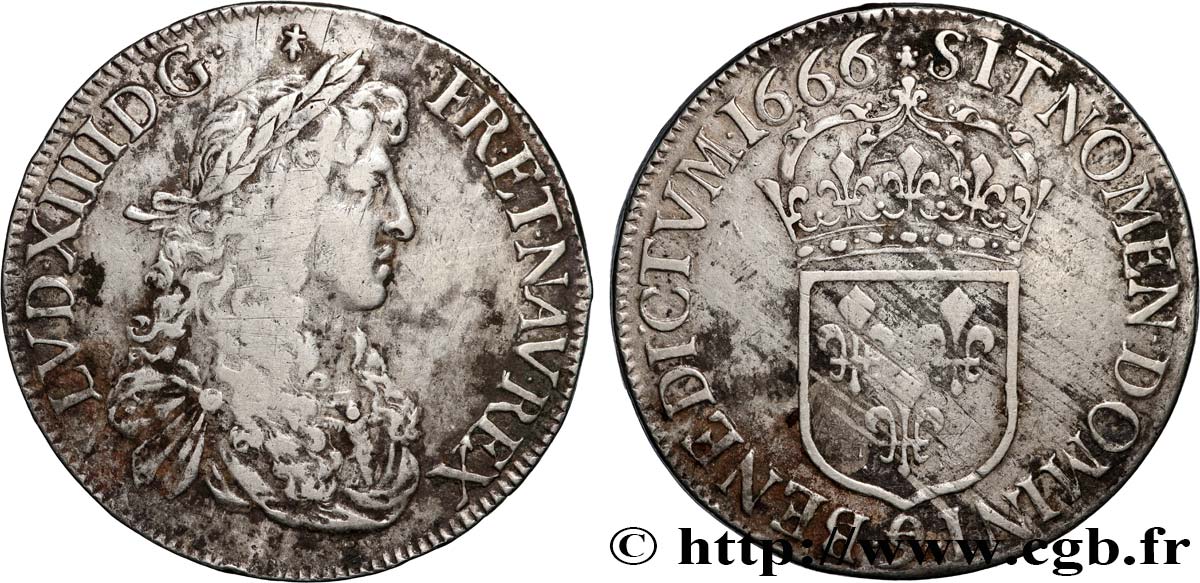 LOUIS XIV  THE SUN KING  Écu, portrait apollinien 1666 Rennes VF/XF