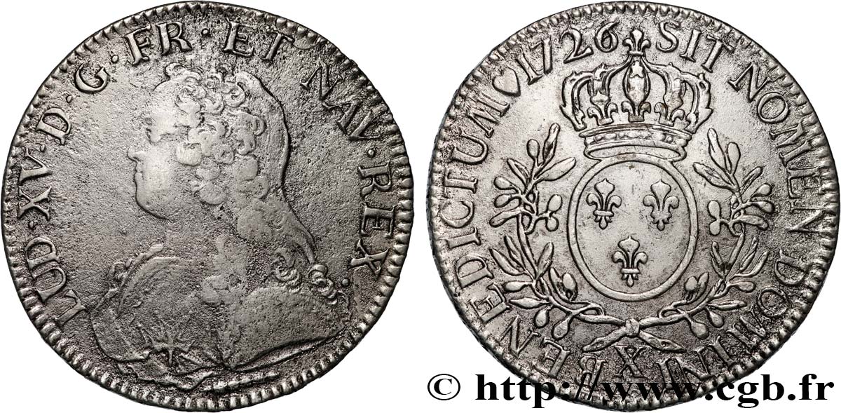 LOUIS XV THE BELOVED Écu aux branches d olivier, buste habillé 1726 Amiens VF/XF