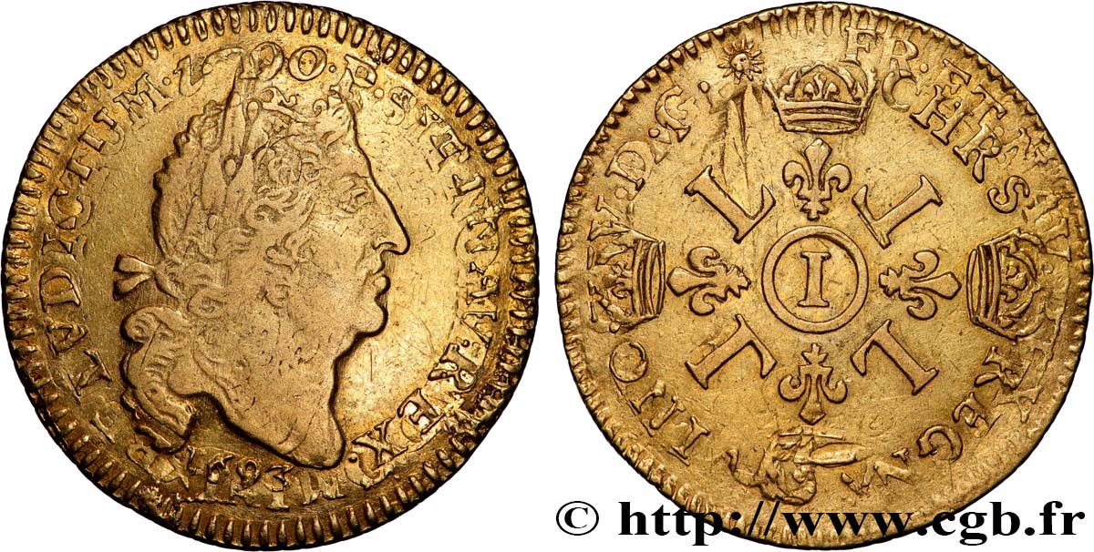 LOUIS XIV  THE SUN KING  Louis d or aux quatre L 1693 Limoges VF/VF