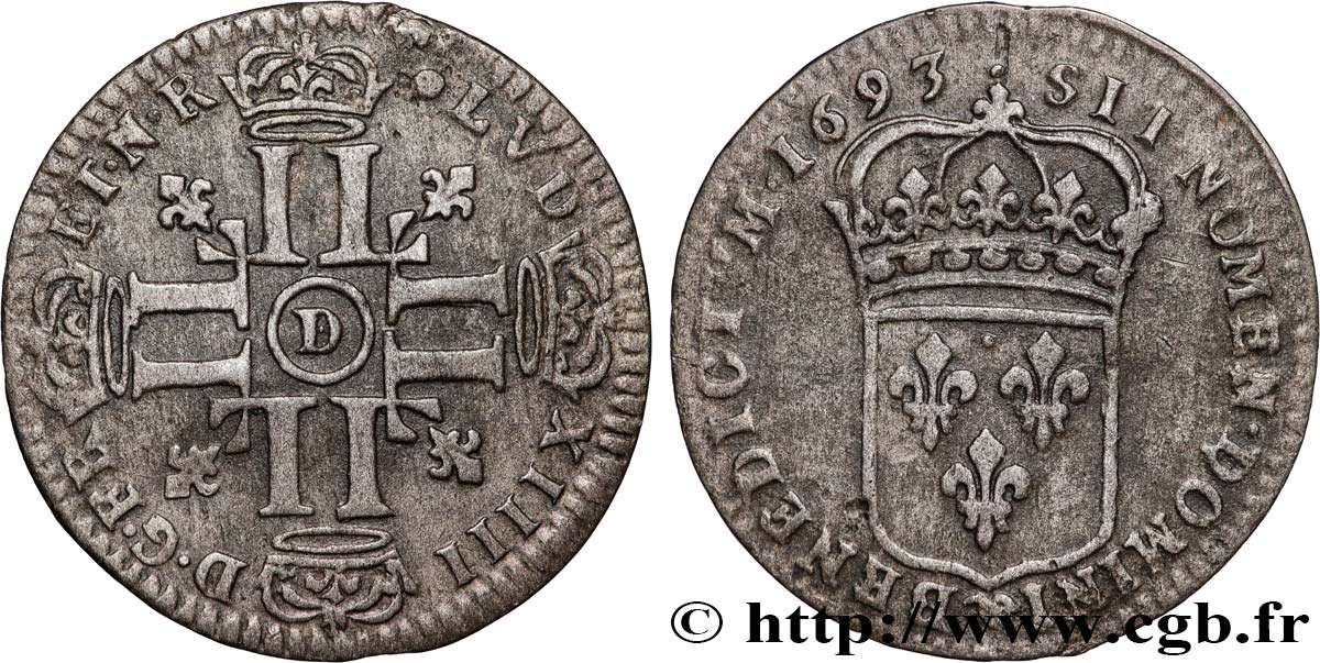 LOUIS XIV  THE SUN KING  Quinzain aux huit L 1693 Lyon MBC+