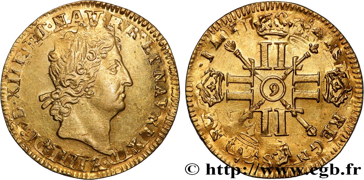 LOUIS XIV  THE SUN KING  Louis d’or aux huit L et aux insignes 1702 Rennes BB