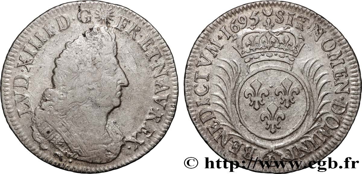 LOUIS XIV  THE SUN KING  Quart d écu aux palmes 1695 Lyon SS/fVZ