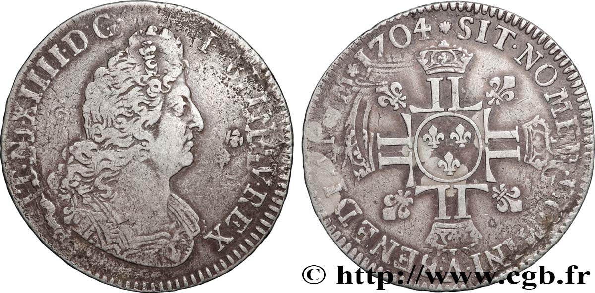 LOUIS XIV LE GRAND OU LE ROI SOLEIL Demi-écu aux huit L, 2e type 1704 Paris TB+/TTB