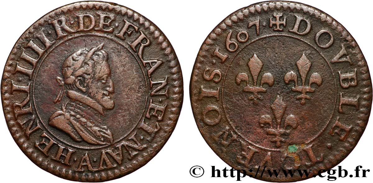 HENRY IV Double tournois, 2e type de Paris (légende française) 1607 Paris, Moulin des Étuves q.SPL