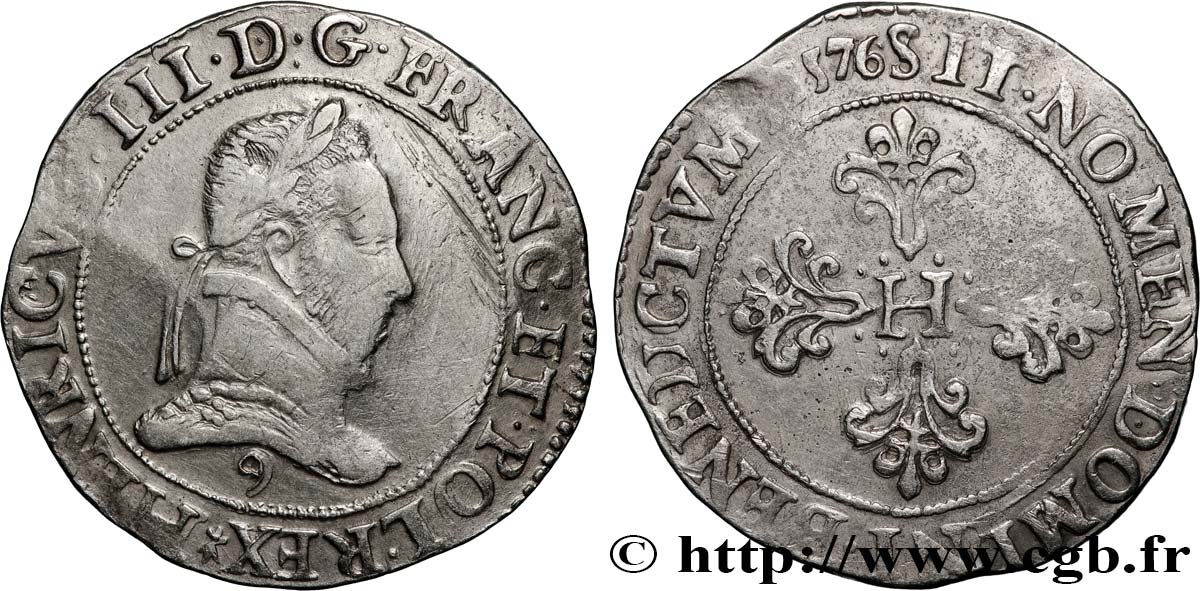 HENRY III Franc au col plat 1576 Rennes VF/XF