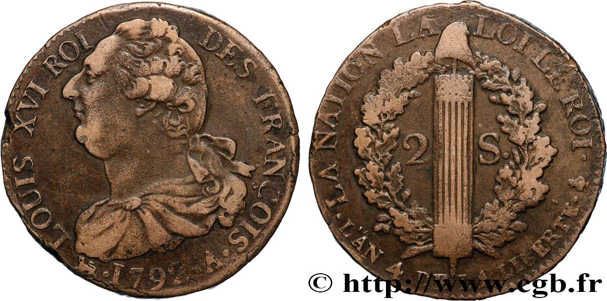 LOUIS XVI 2 sols dit  au faisceau , type FRANÇOIS 1792 Paris AU/XF