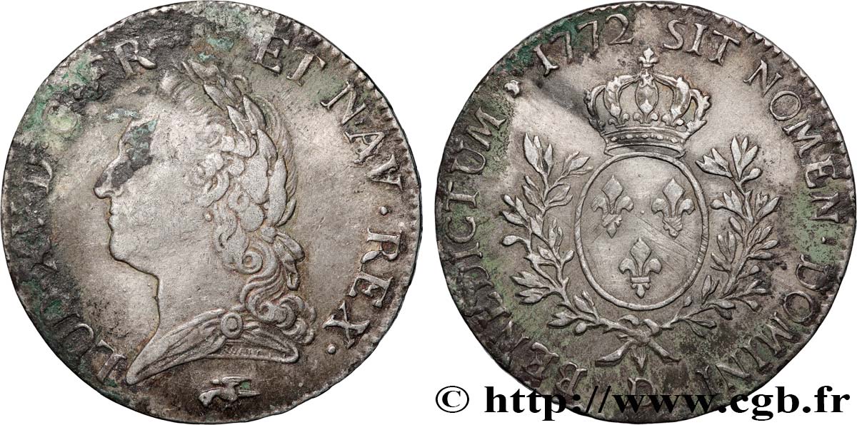 LOUIS XV THE BELOVED Écu aux branches d’olivier, buste lauré 1772 Lyon VF/XF