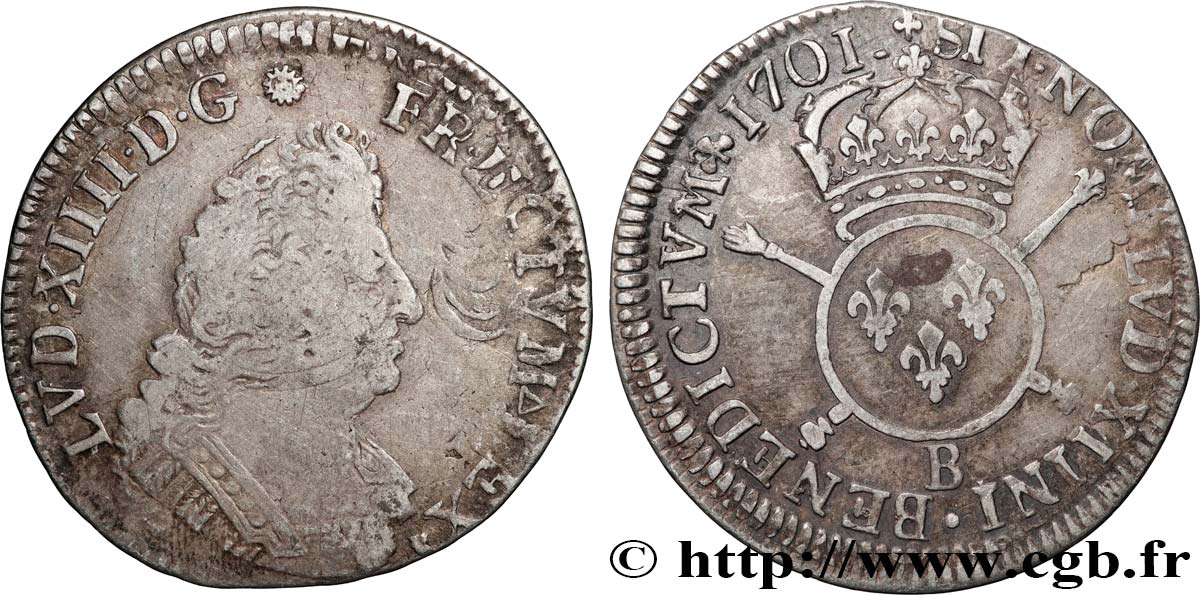 LOUIS XIV LE GRAND OU LE ROI SOLEIL Quart d écu aux insignes 1701 Rouen TB+/TTB