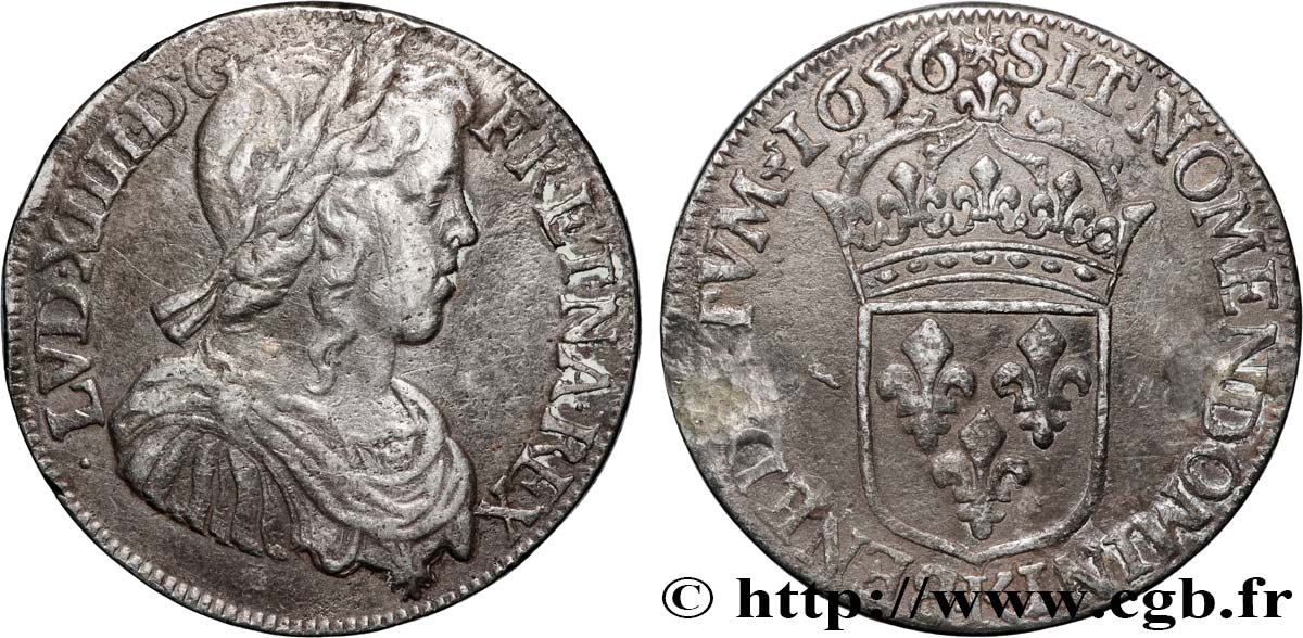 LOUIS XIV  THE SUN KING  Demi-écu, portrait à la mèche longue 1656 Bordeaux VF