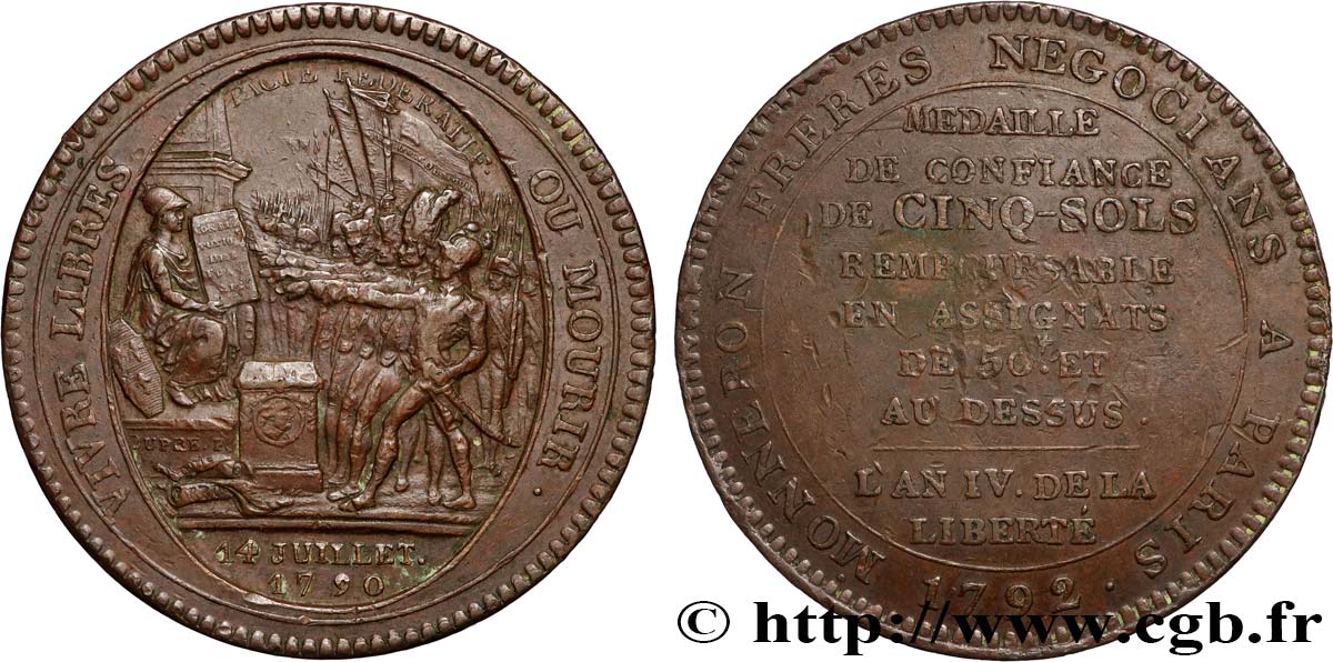 REVOLUTION COINAGE Monneron de 5 sols au serment (An IV), 3e type 1792 Birmingham, Soho AU