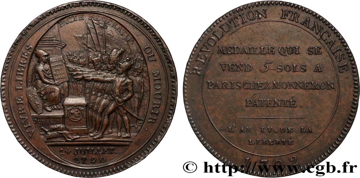 REVOLUTION COINAGE Monneron de 5 sols au serment (An IV), 3e type 1792 Birmingham, Soho AU/AU