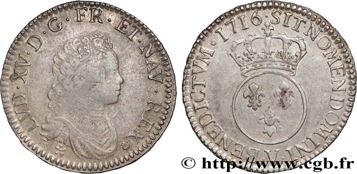 LOUIS XV  THE WELL-BELOVED  Demi-écu dit  vertugadin  1716 Troyes VF/AU