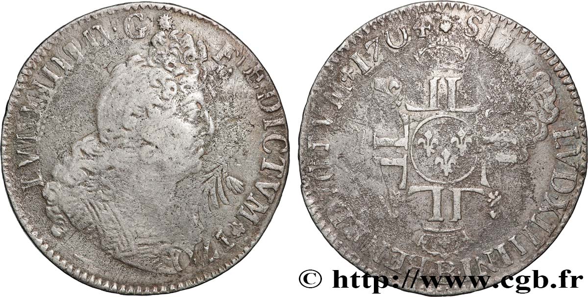 LOUIS XIV  THE SUN KING  Demi-écu aux huit L 1704 Rouen VF