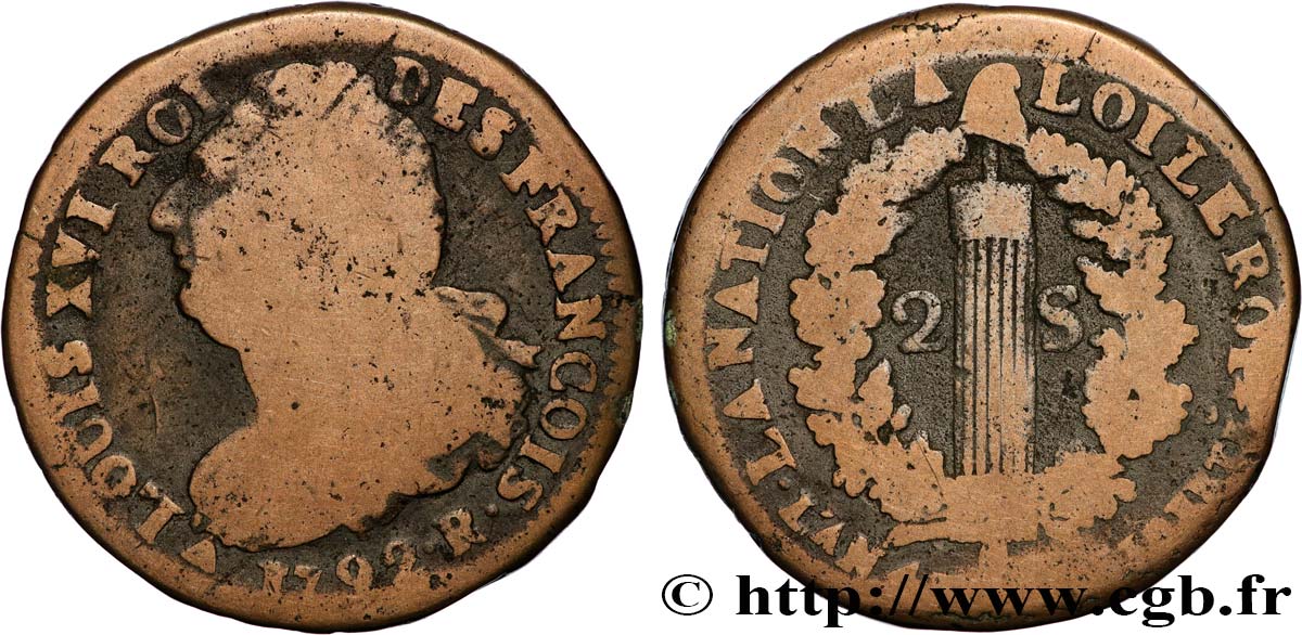 LOUIS XVI 2 sols dit  au faisceau , type FRANÇOIS 1792 Orléans VF