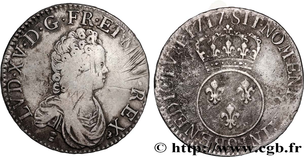 LOUIS XV THE BELOVED Écu à l’écu rond couronné 1717 Rennes VF