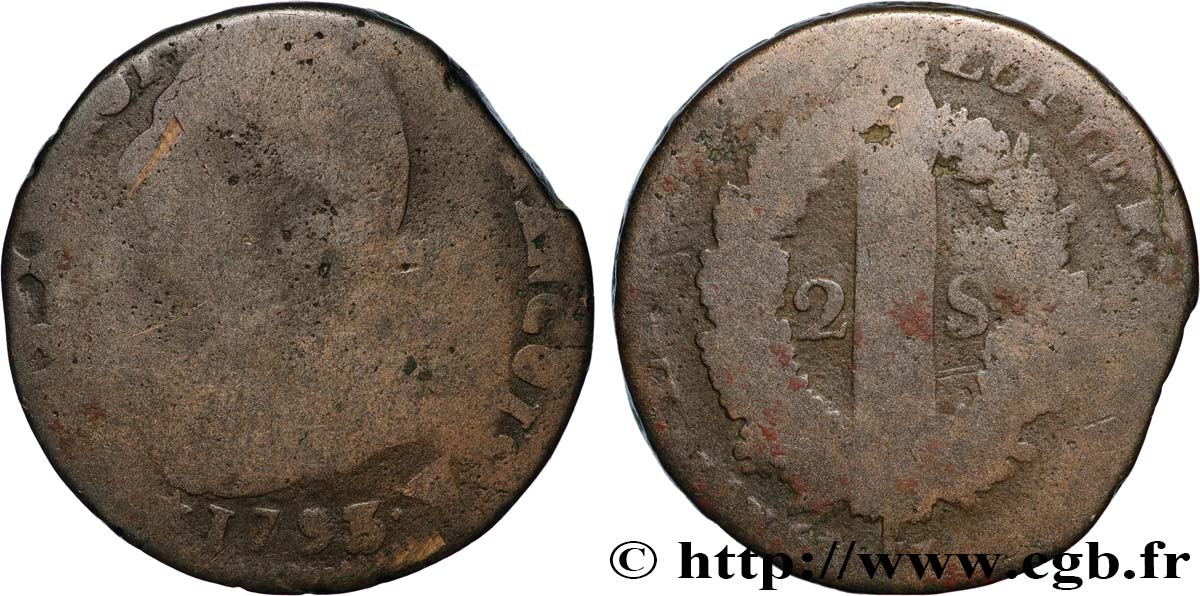 LOUIS XVI 2 sols dit  au faisceau , type FRANCOIS 1793 Arras VG