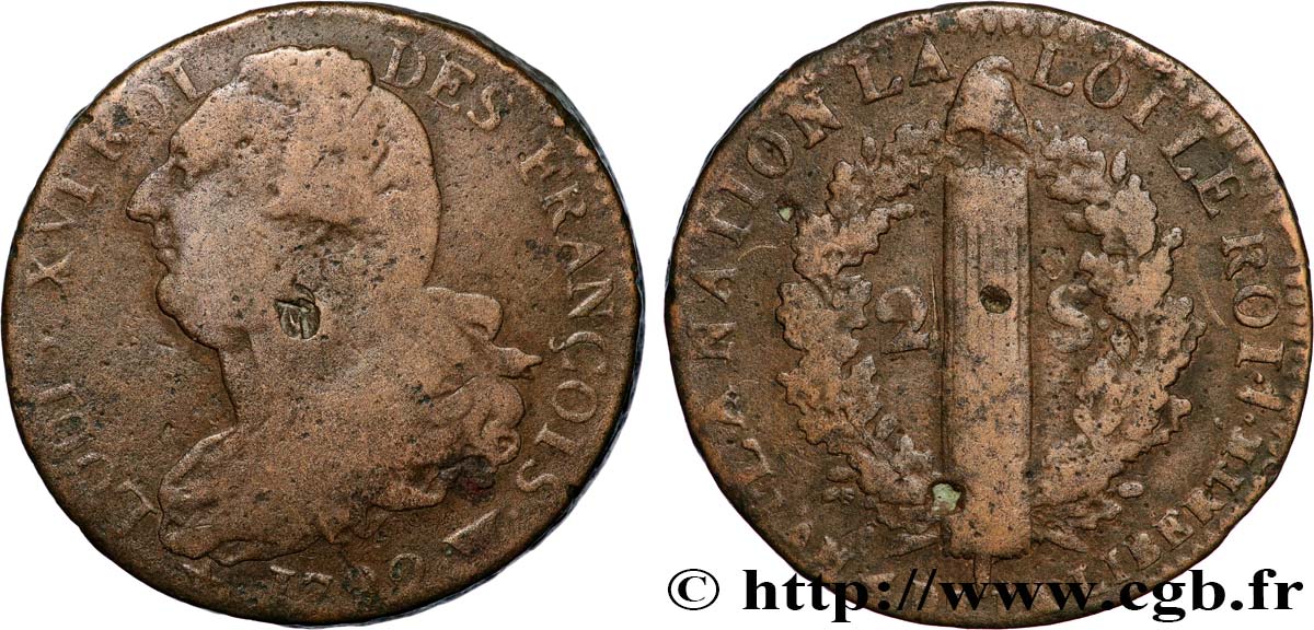 LOUIS XVI 2 sols dit  au faisceau , type FRANCOIS 1792 Lille BC