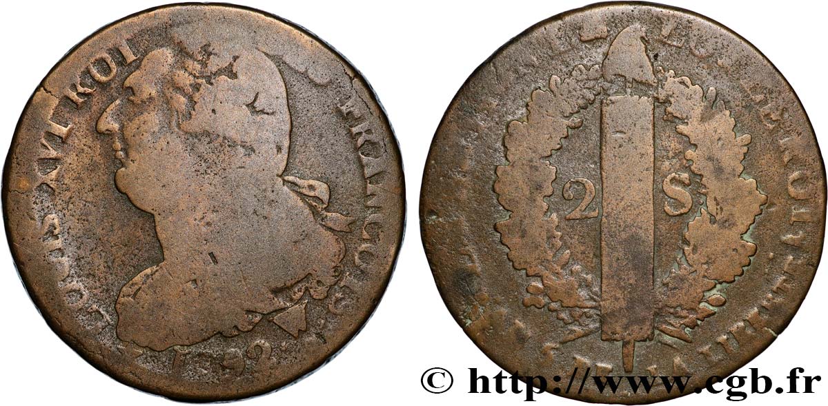 LOUIS XVI 2 sols dit  au faisceau , type FRANCOIS 1792 Arras S