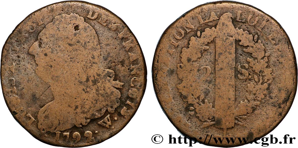 LOUIS XVI 2 sols dit  au faisceau , type FRANÇOIS 1792 Arras VG