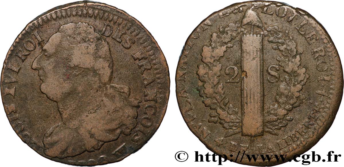LOUIS XVI (MONARQUE CONSTITUTIONNEL)  2 sols dit  au faisceau , type FRANÇOIS 1792 Arras TB+