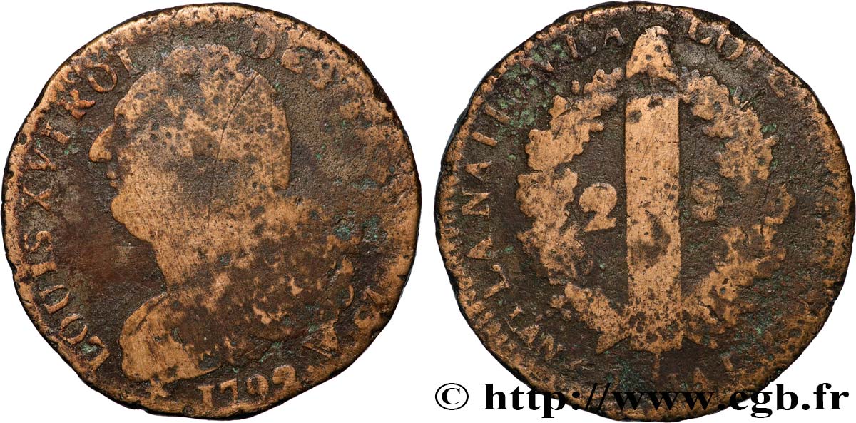 LOUIS XVI 2 sols dit  au faisceau , type FRANÇOIS 1792 Arras VG