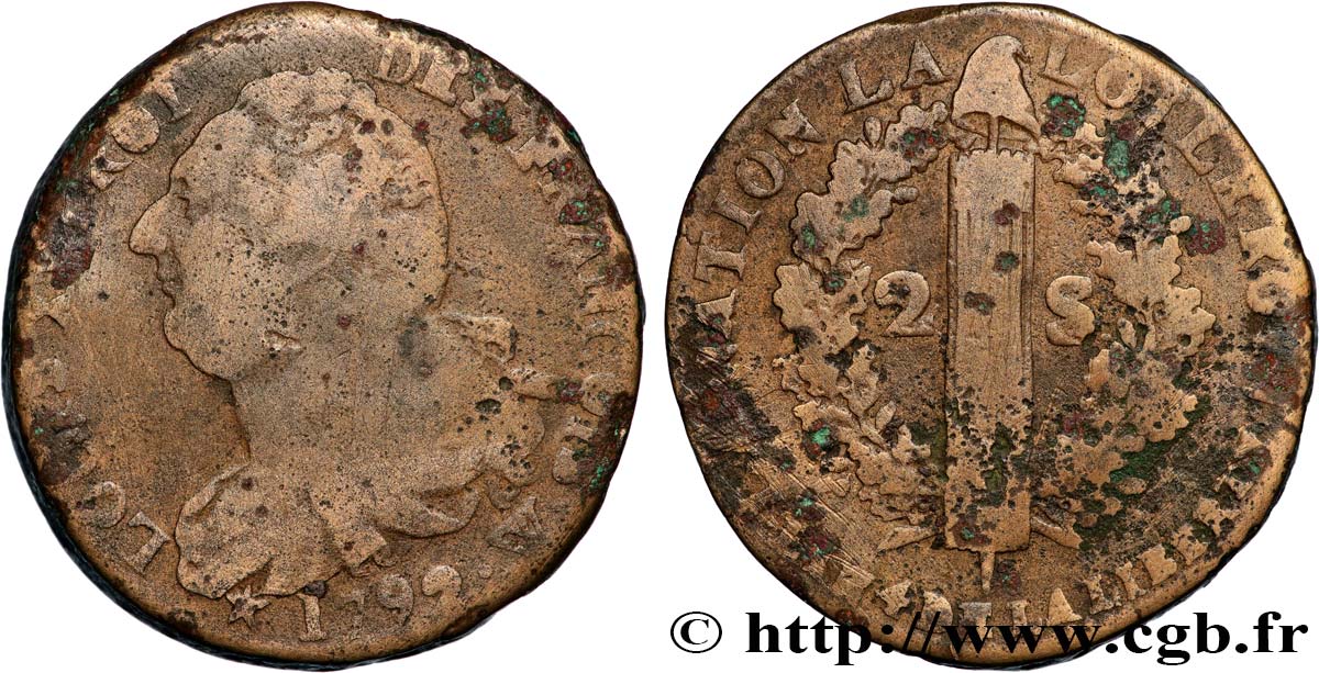 LOUIS XVI 2 sols dit  au faisceau , type FRANÇOIS 1792 Arras VG