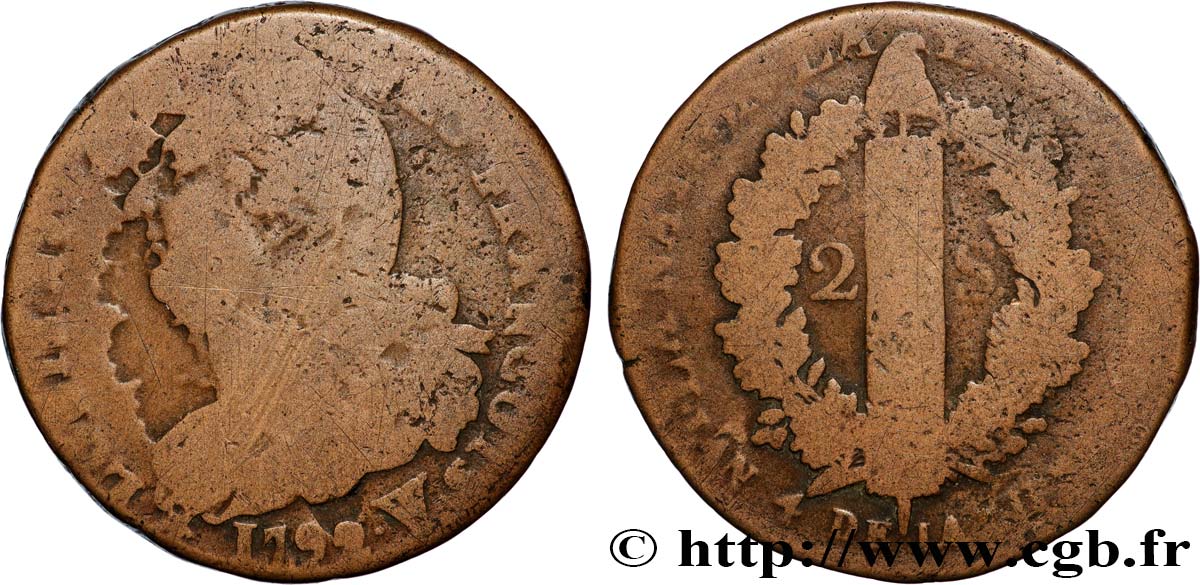 LOUIS XVI 2 sols dit  au faisceau , type FRANÇOIS 1792 Arras VG