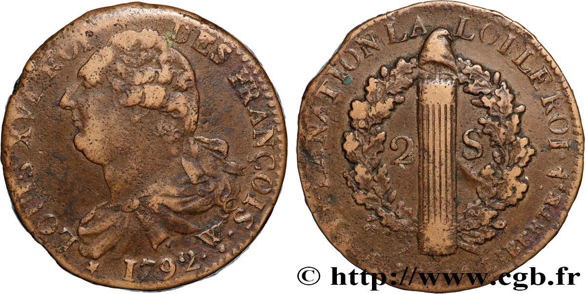 LOUIS XVI 2 sols dit  au faisceau , type FRANÇOIS 1792 Arras XF/VF