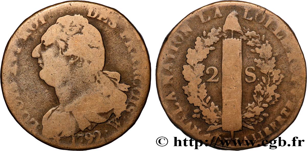 LOUIS XVI 2 sols dit  au faisceau , type FRANÇOIS 1792 Arras VG